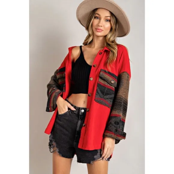 Red Corduroy Aztec Tribal Western Printed Shacket Shirt Jacket