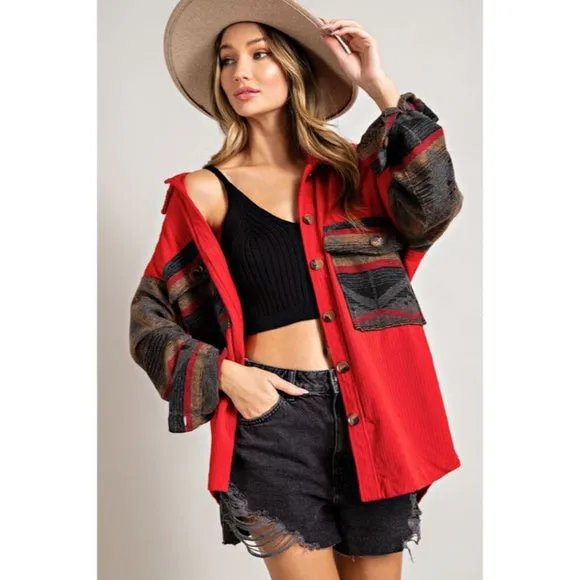 Red Corduroy Aztec Tribal Western Printed Shacket Shirt Jacket