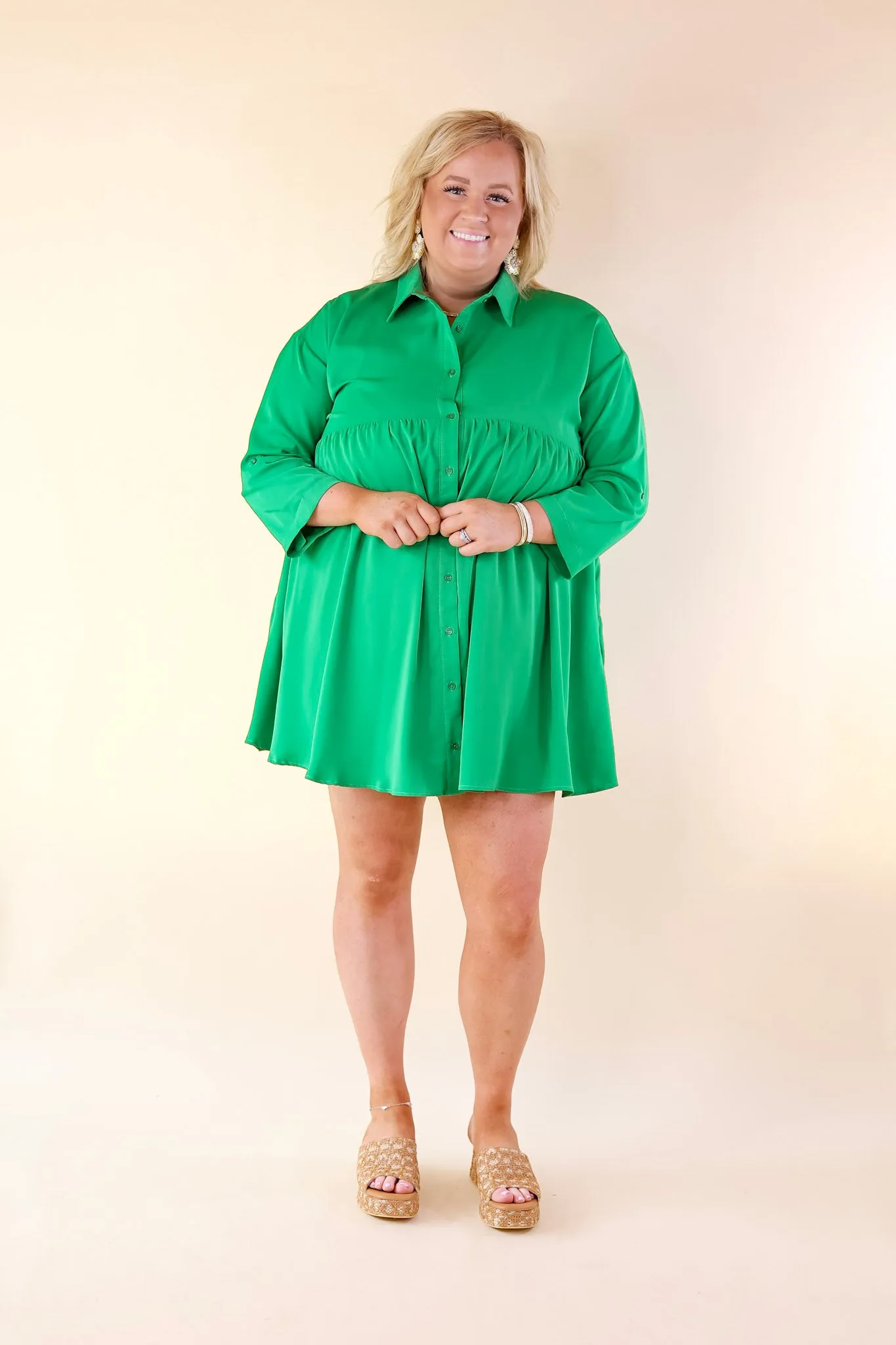 Risky Business Button Up Babydoll Dress in Green