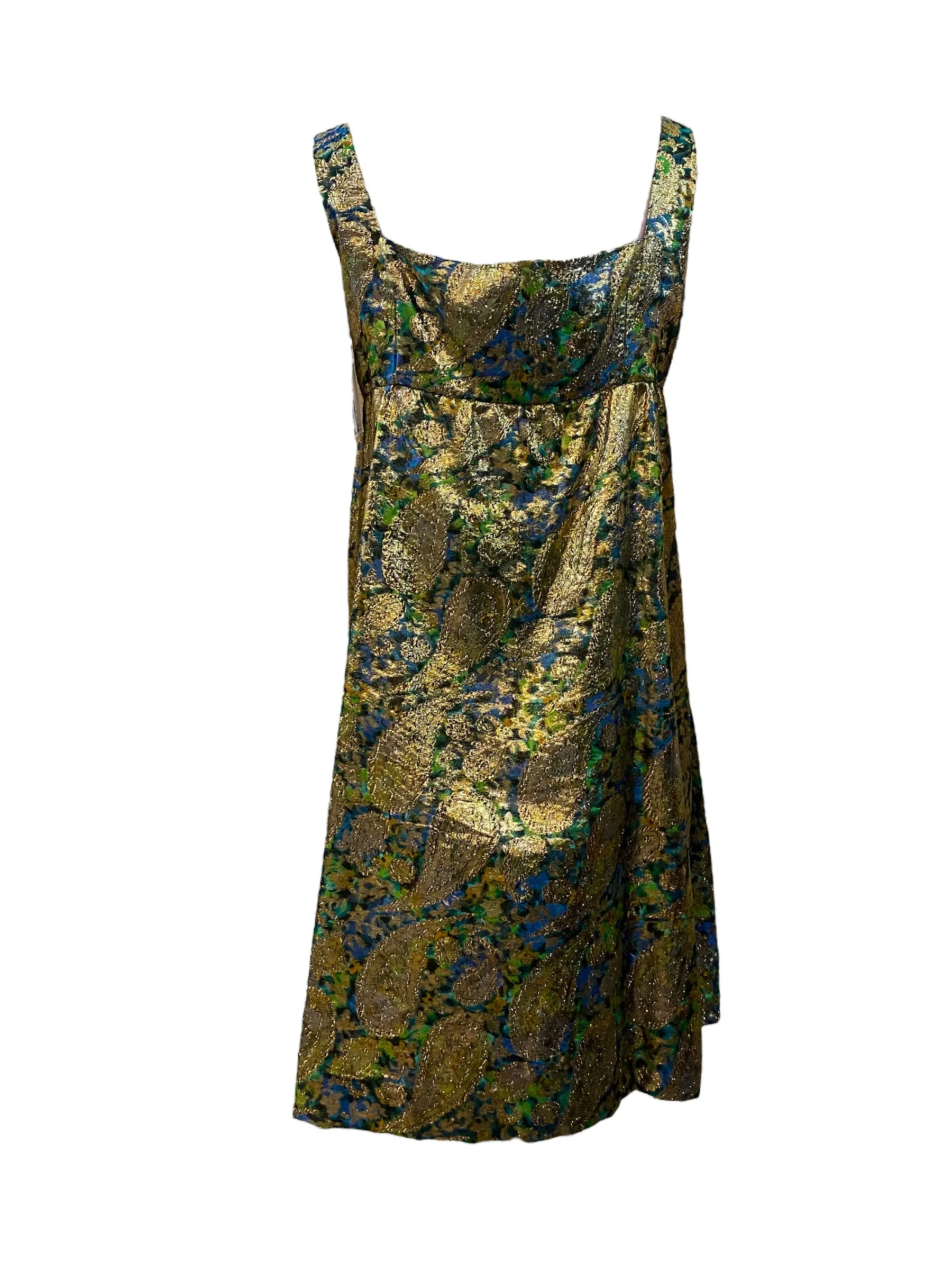 Saks Fifth Avenue 60s Psychedelic Gold Lame Paisley Mini Dress