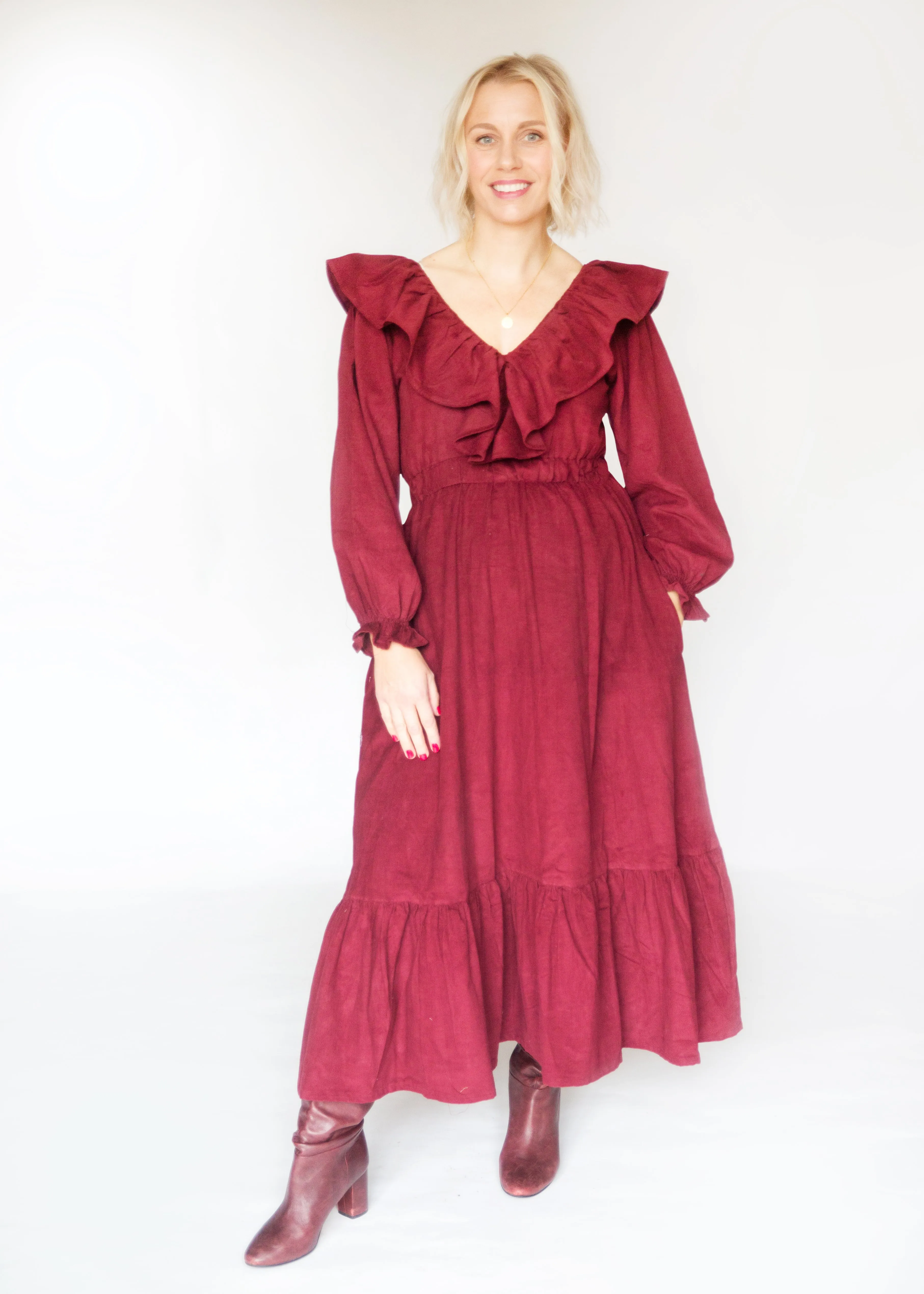 SALE The Claudia, Berry Pink Corduroy Dress with Block Print Lining