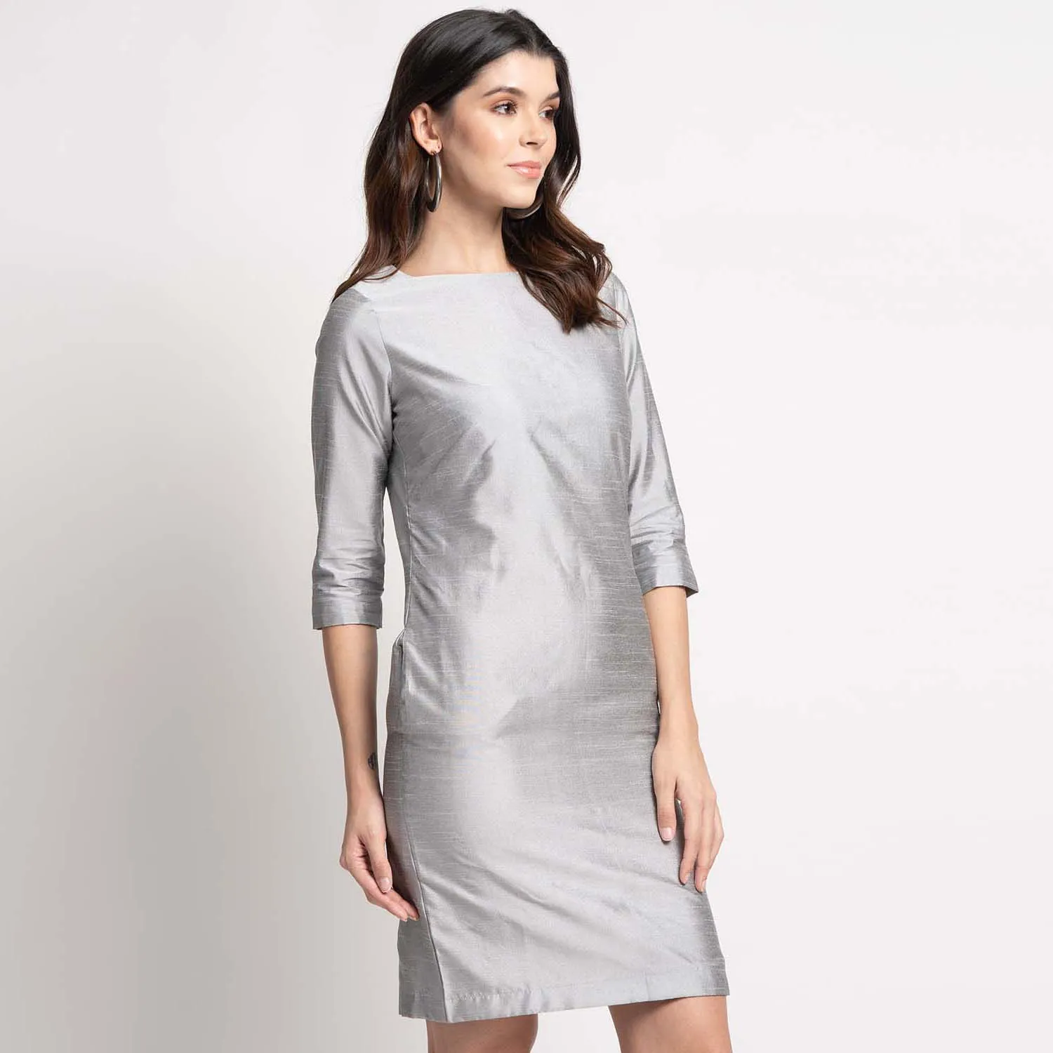 Silver Grey Poly Dupioni Evening Sheath Dress