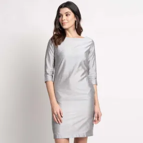 Silver Grey Poly Dupioni Evening Sheath Dress