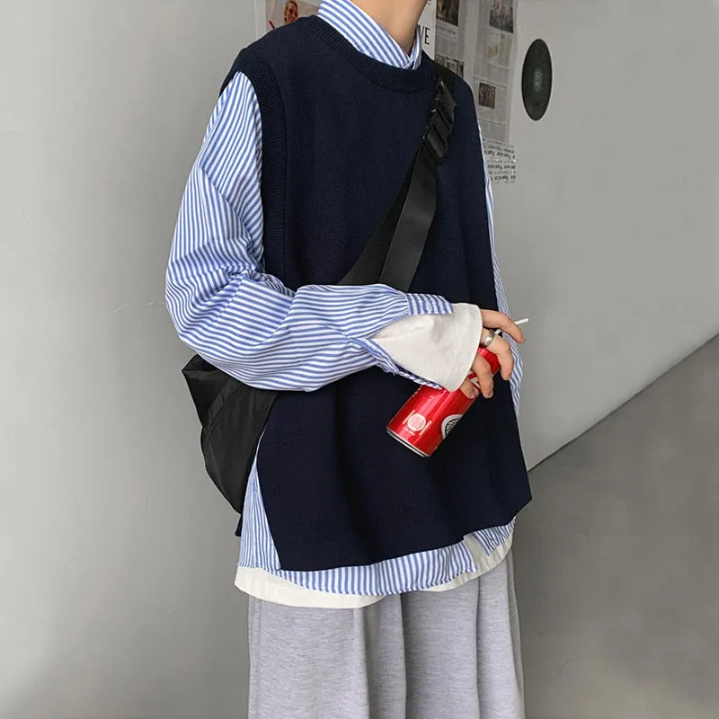 Solid Color Knitted Vest Loose Spring 2023 New Sleeveless Sweater Fashion Korean Clothing Harajuku Male Knitwear