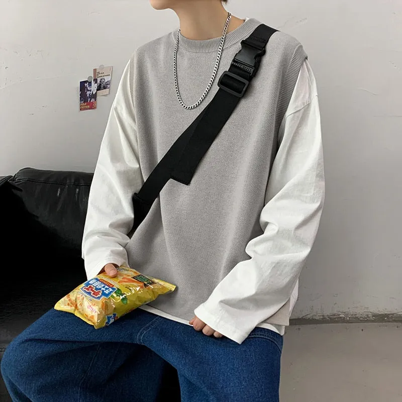 Solid Color Knitted Vest Loose Spring 2023 New Sleeveless Sweater Fashion Korean Clothing Harajuku Male Knitwear