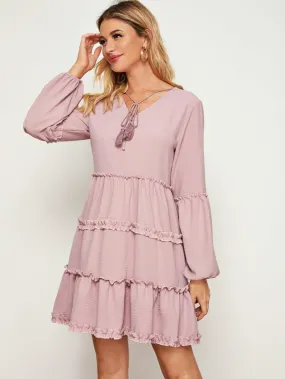 Solid Tie Neck Tassel Frill Babydoll Dress