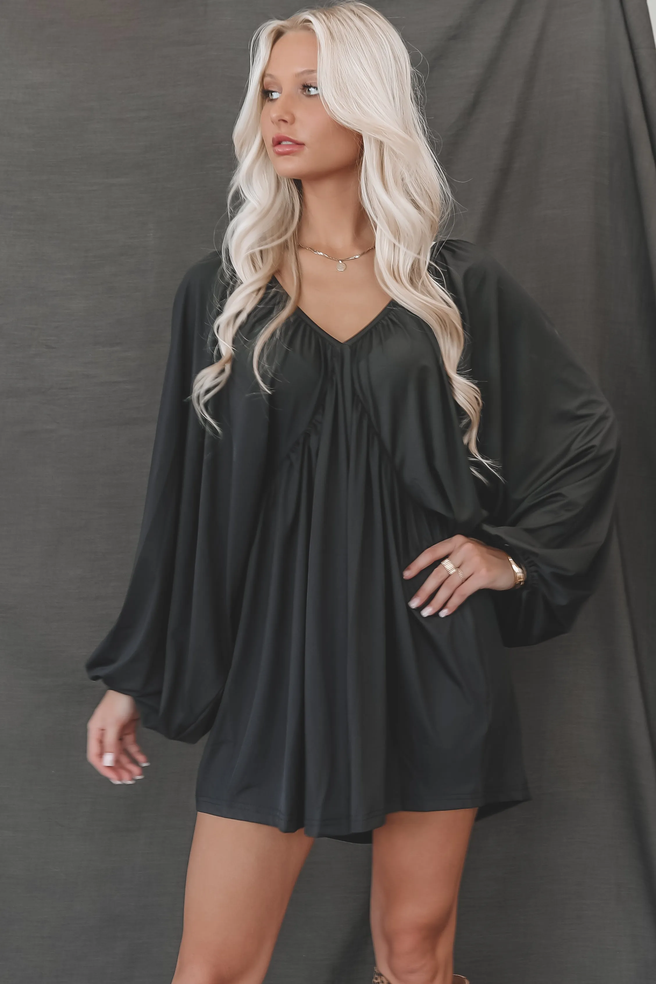 Something Extra Black Puff Sleeve Deep V Plunge Dress