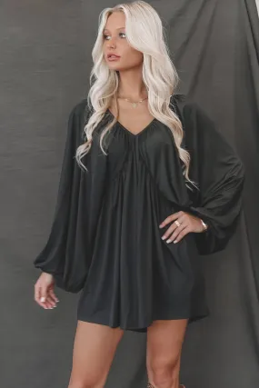 Something Extra Black Puff Sleeve Deep V Plunge Dress