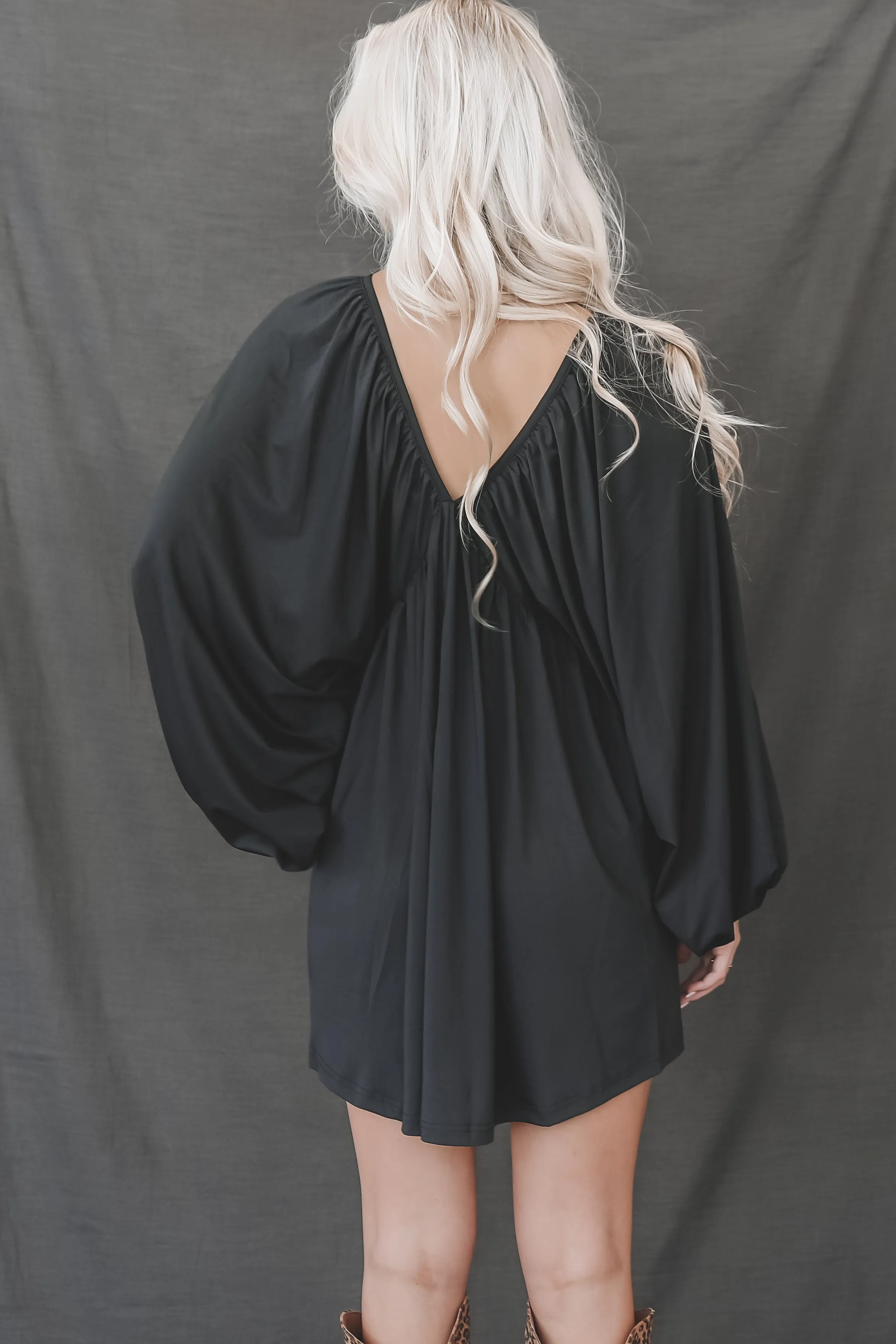 Something Extra Black Puff Sleeve Deep V Plunge Dress