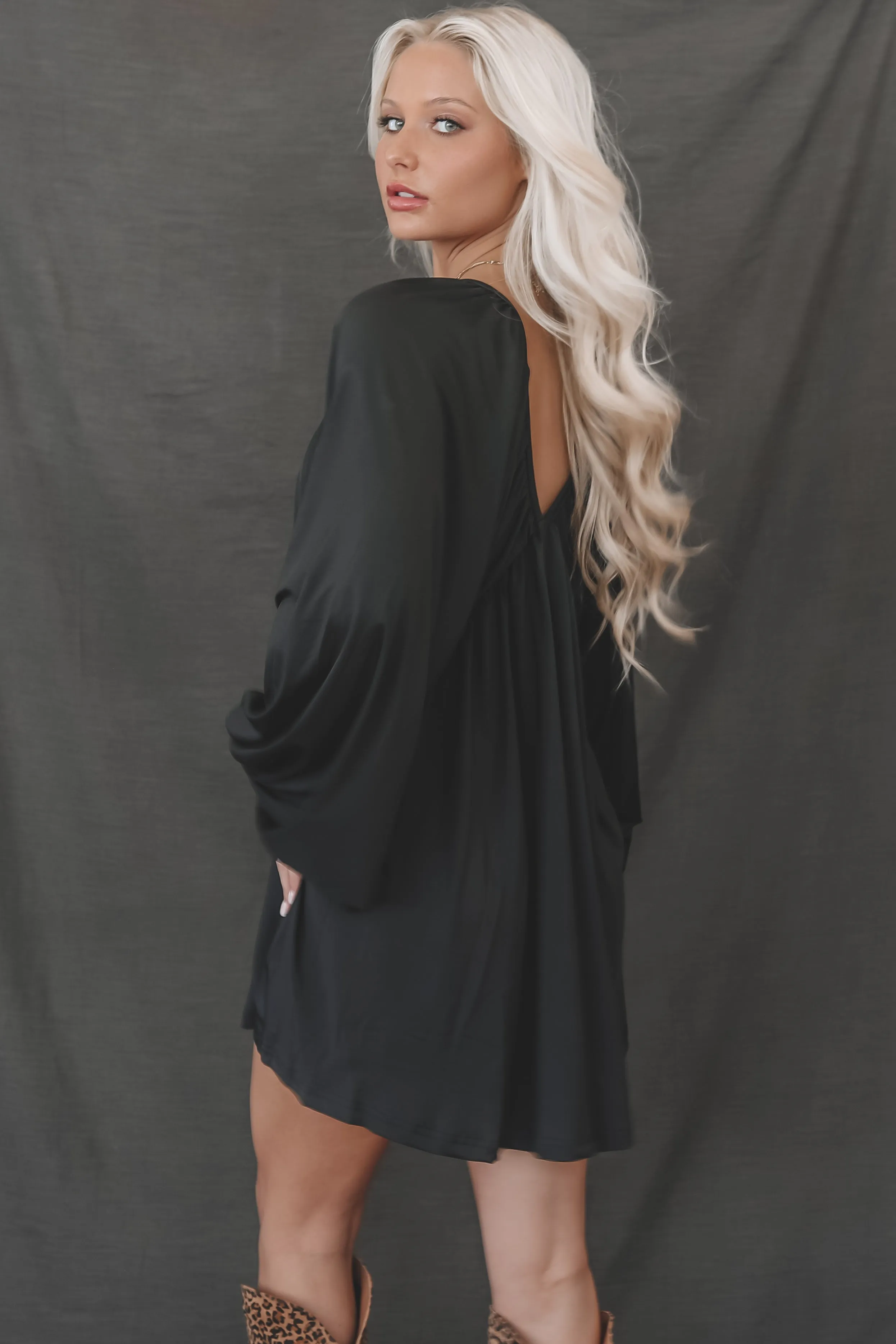 Something Extra Black Puff Sleeve Deep V Plunge Dress