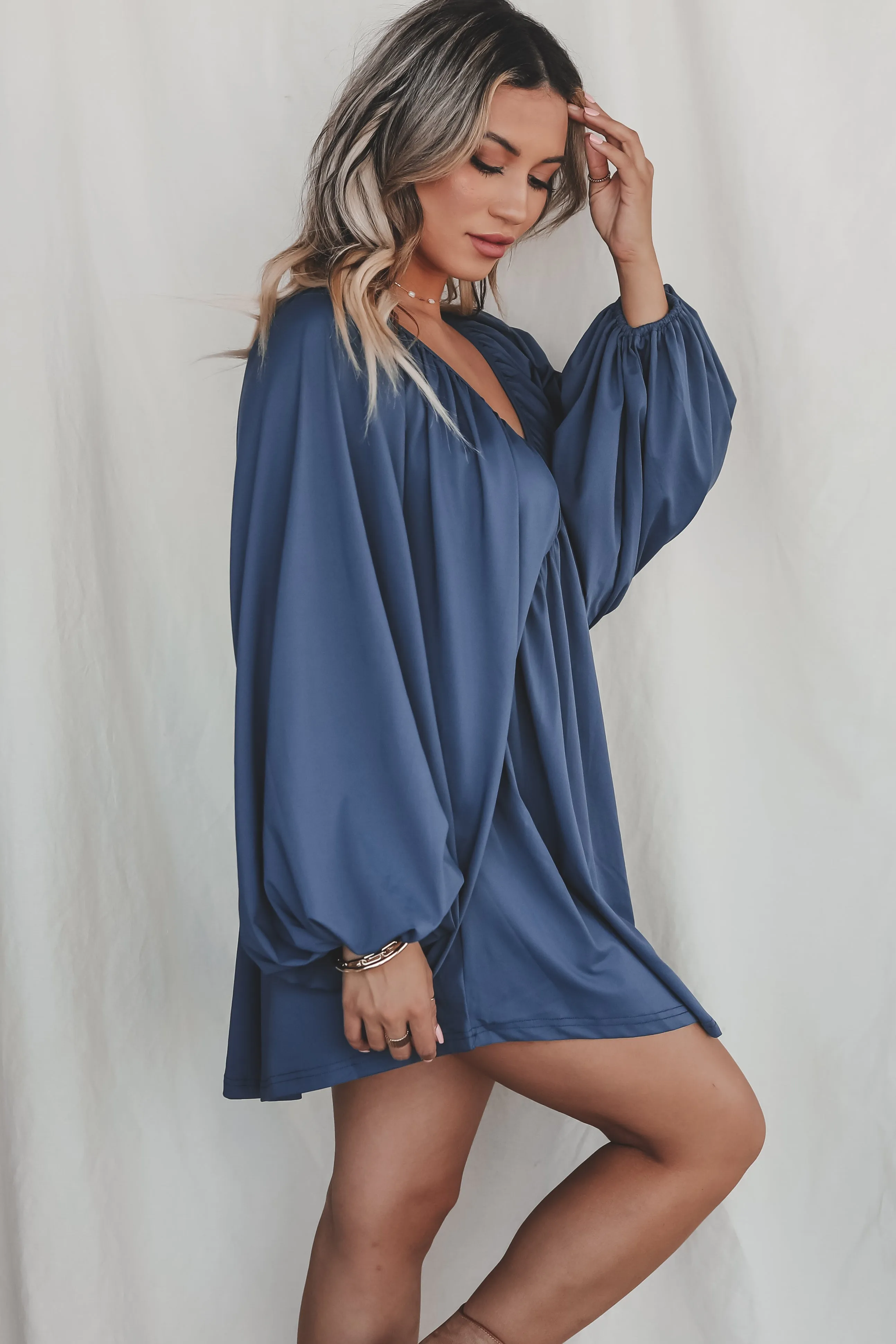 Something Extra Puff Sleeve Deep V Plunge Dress