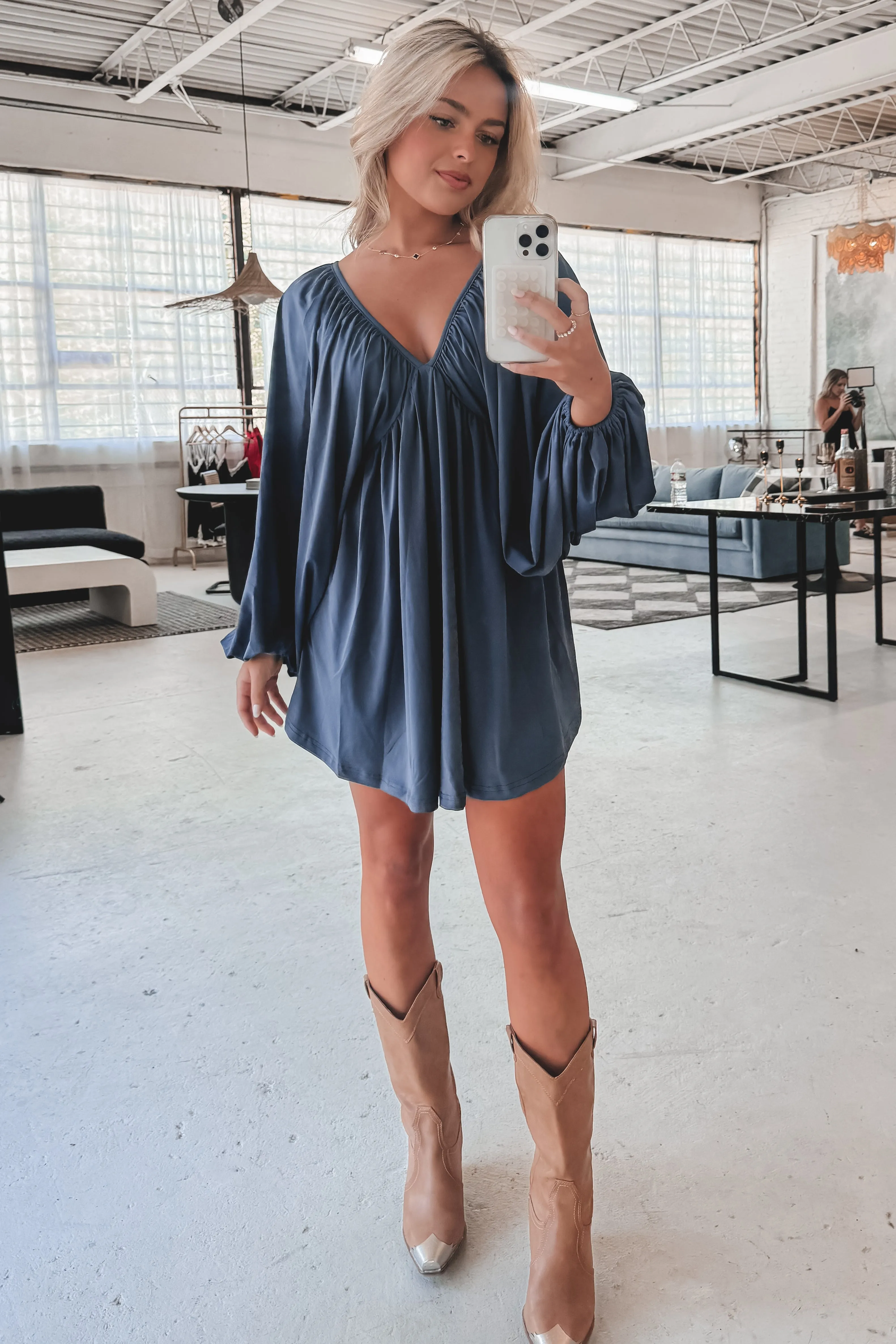 Something Extra Puff Sleeve Deep V Plunge Dress