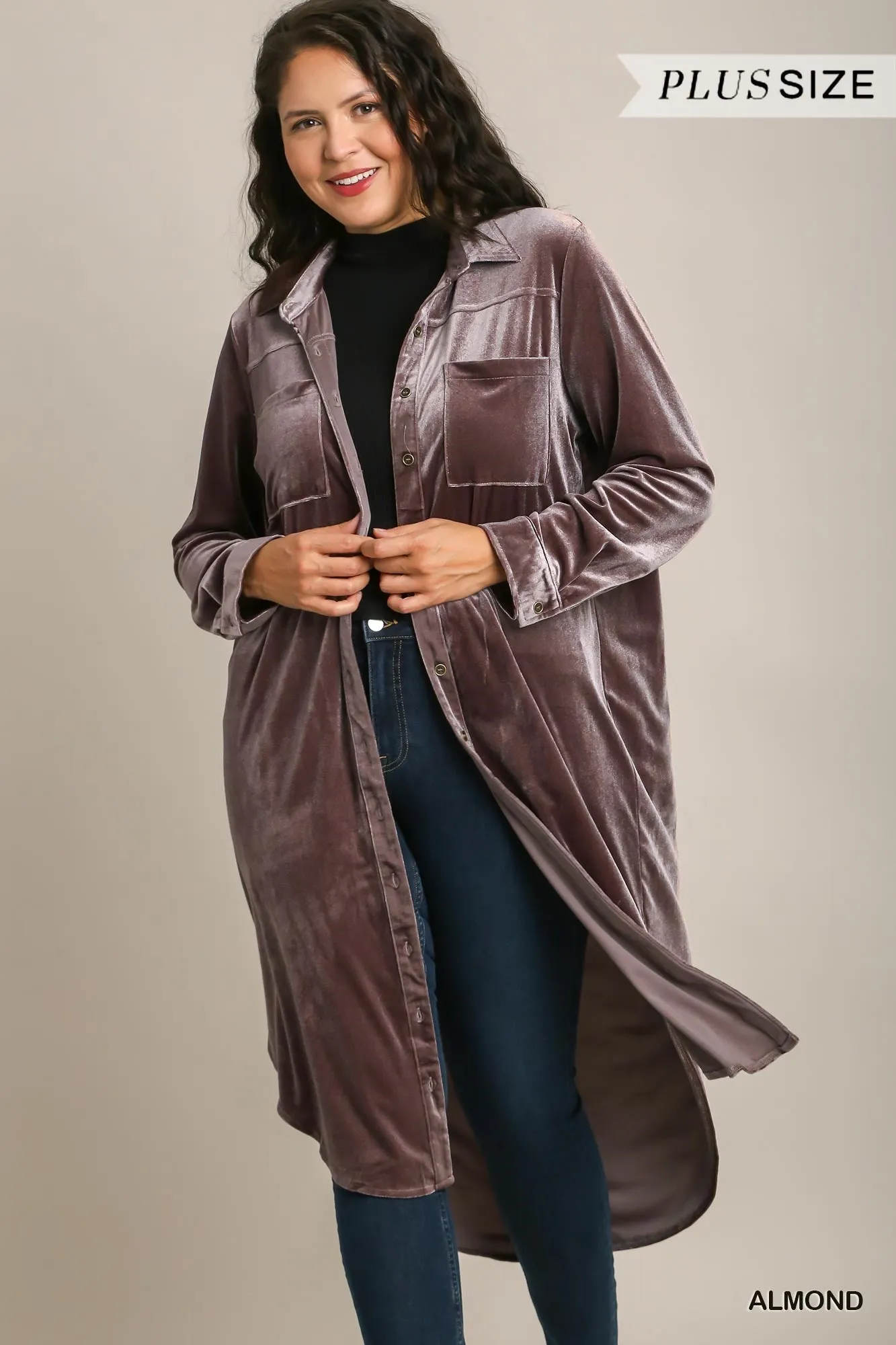 Stretch Velvet Shacket Shirt in Warm Pewter