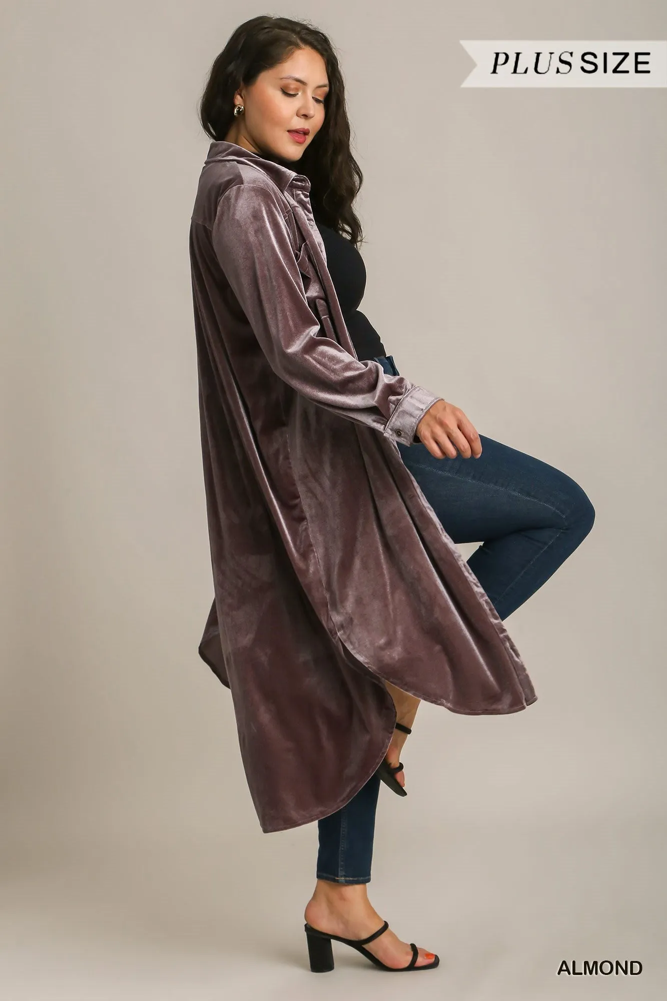 Stretch Velvet Shacket Shirt in Warm Pewter