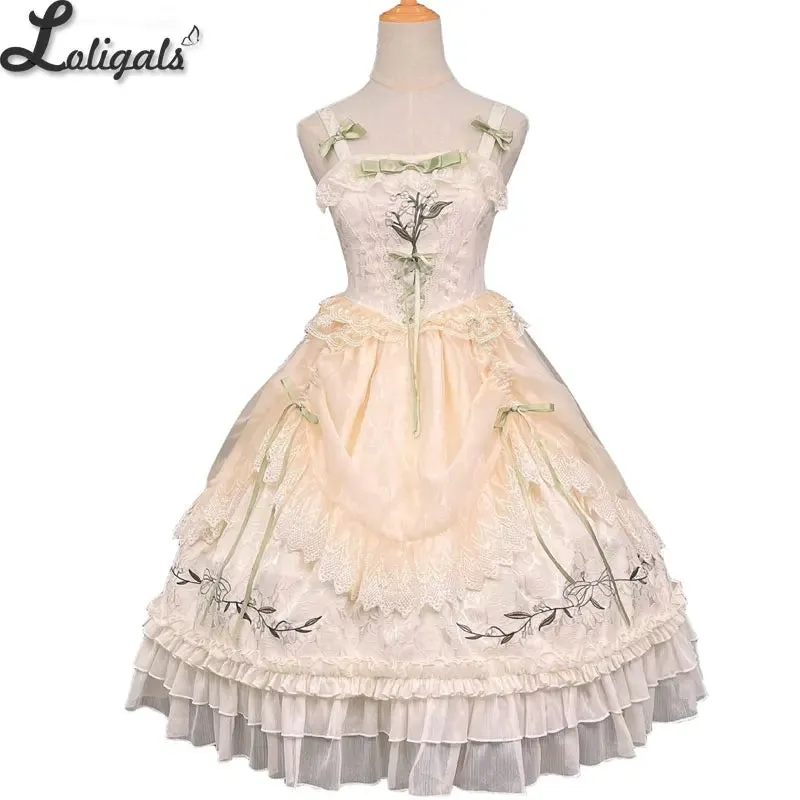 Sweet Lolita Dress Exquisite Embroidered JSK Dresses w. Waist Curtain ~ Lily of the Valley in Summer sweet lolita dress sweet lolita gown sweet lolita dress