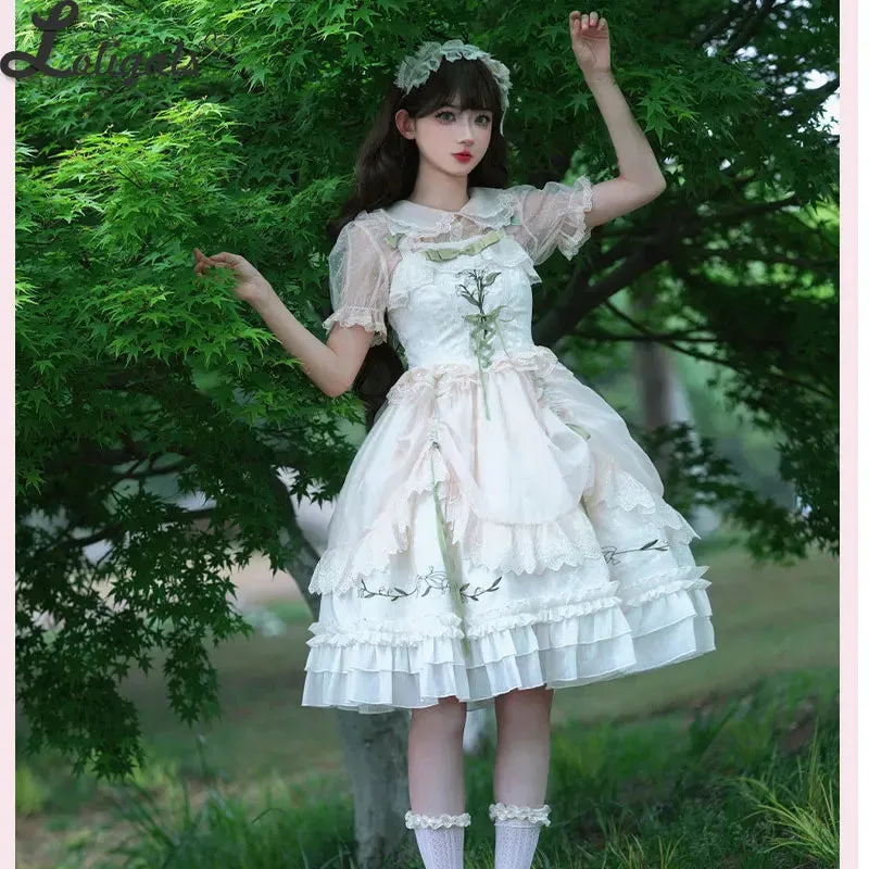 Sweet Lolita Dress Exquisite Embroidered JSK Dresses w. Waist Curtain ~ Lily of the Valley in Summer sweet lolita dress sweet lolita gown sweet lolita dress