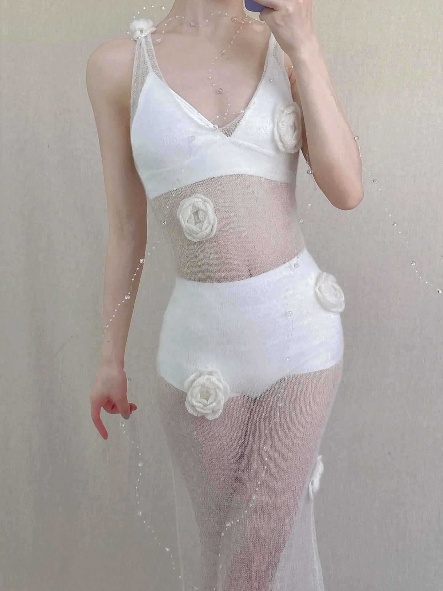 [Tailor Made] Floral Deity White Rose Hand Knitted Dress