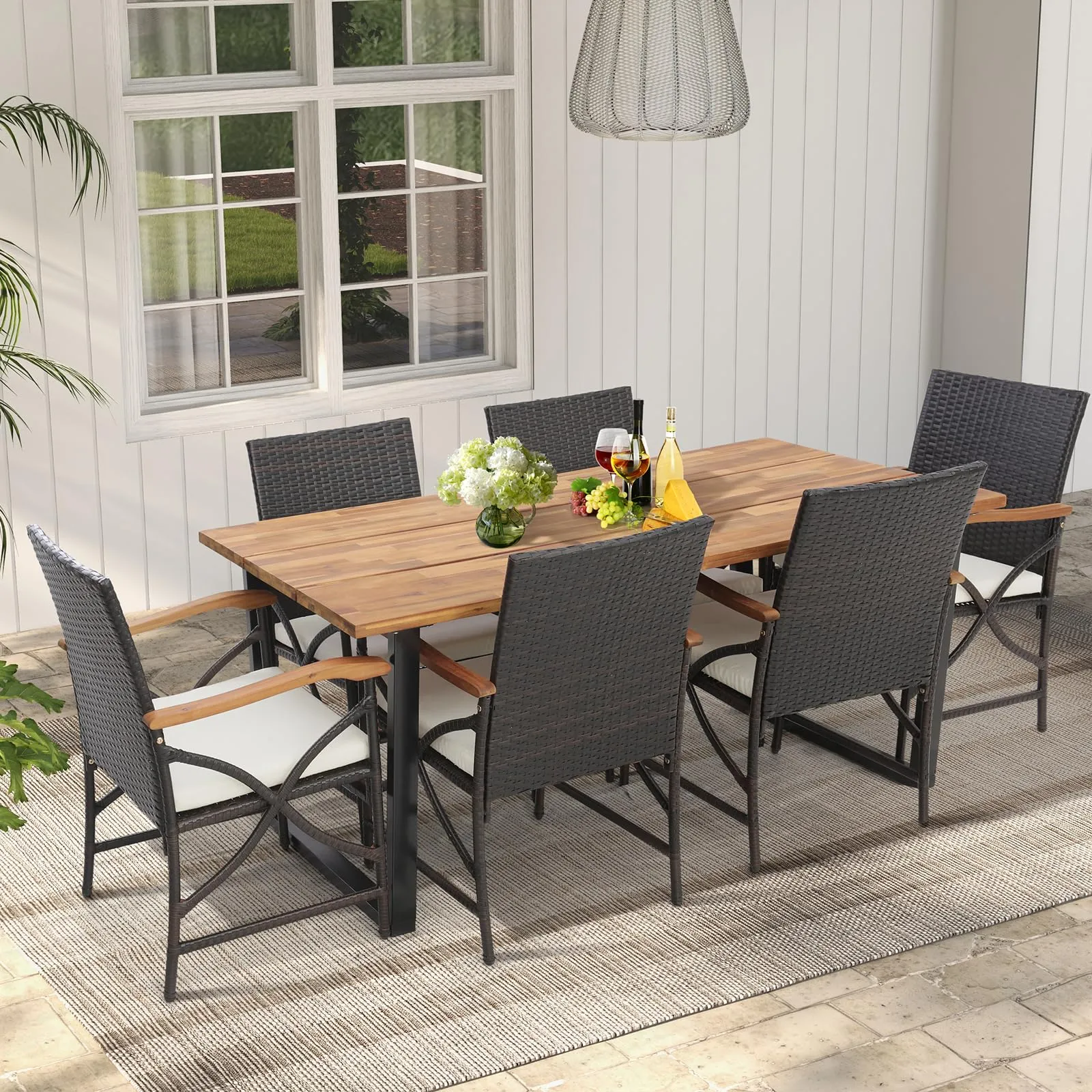 Tangkula 5 /7 PCS Patio Rattan Dining Set, Outdoor Wicker Chair & Dining Table Set