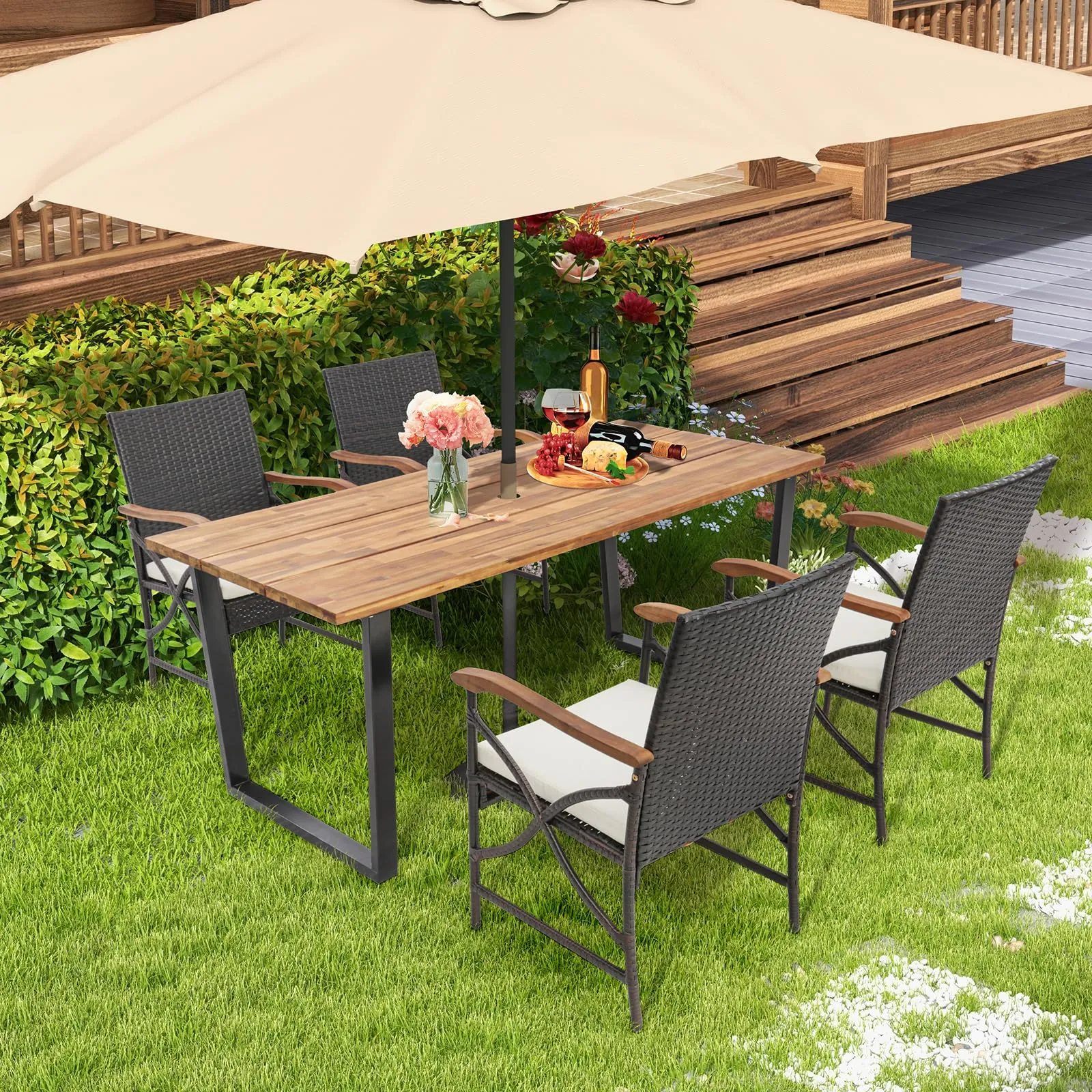 Tangkula 5 /7 PCS Patio Rattan Dining Set, Outdoor Wicker Chair & Dining Table Set