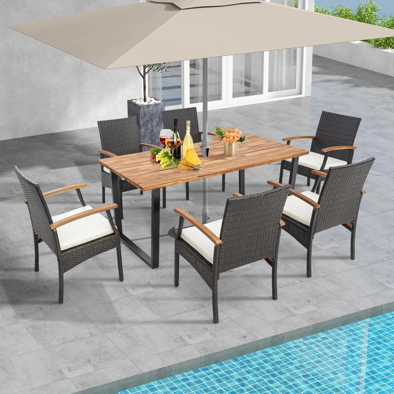 Tangkula 5 Piece Patio Rattan Dining Set, Outdoor Wicker Chair & Dining Table Set