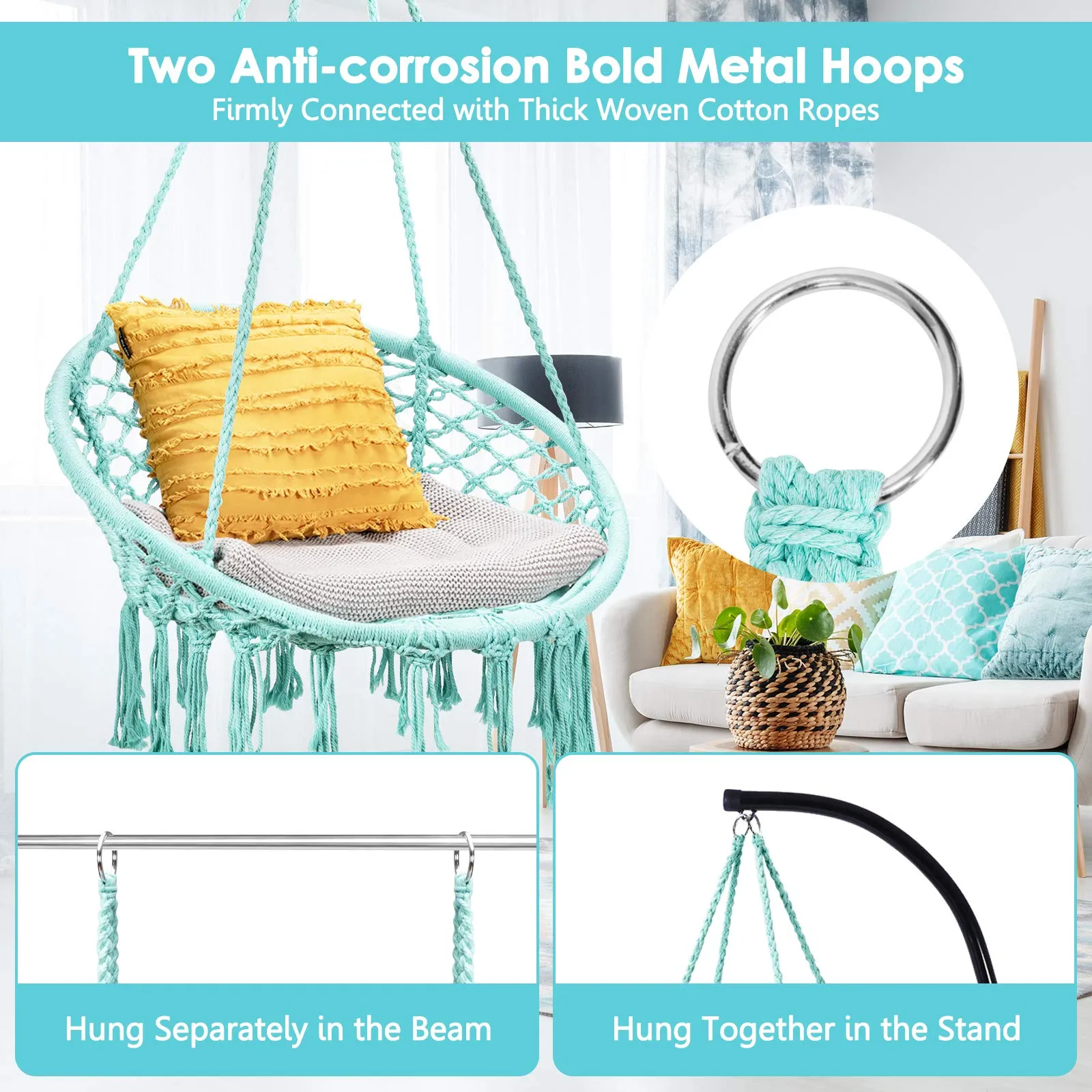 Tangkula Hanging Hammock Chair, Macrame Swing Chair with Tassels and Heavy-Duty Hanging Rings