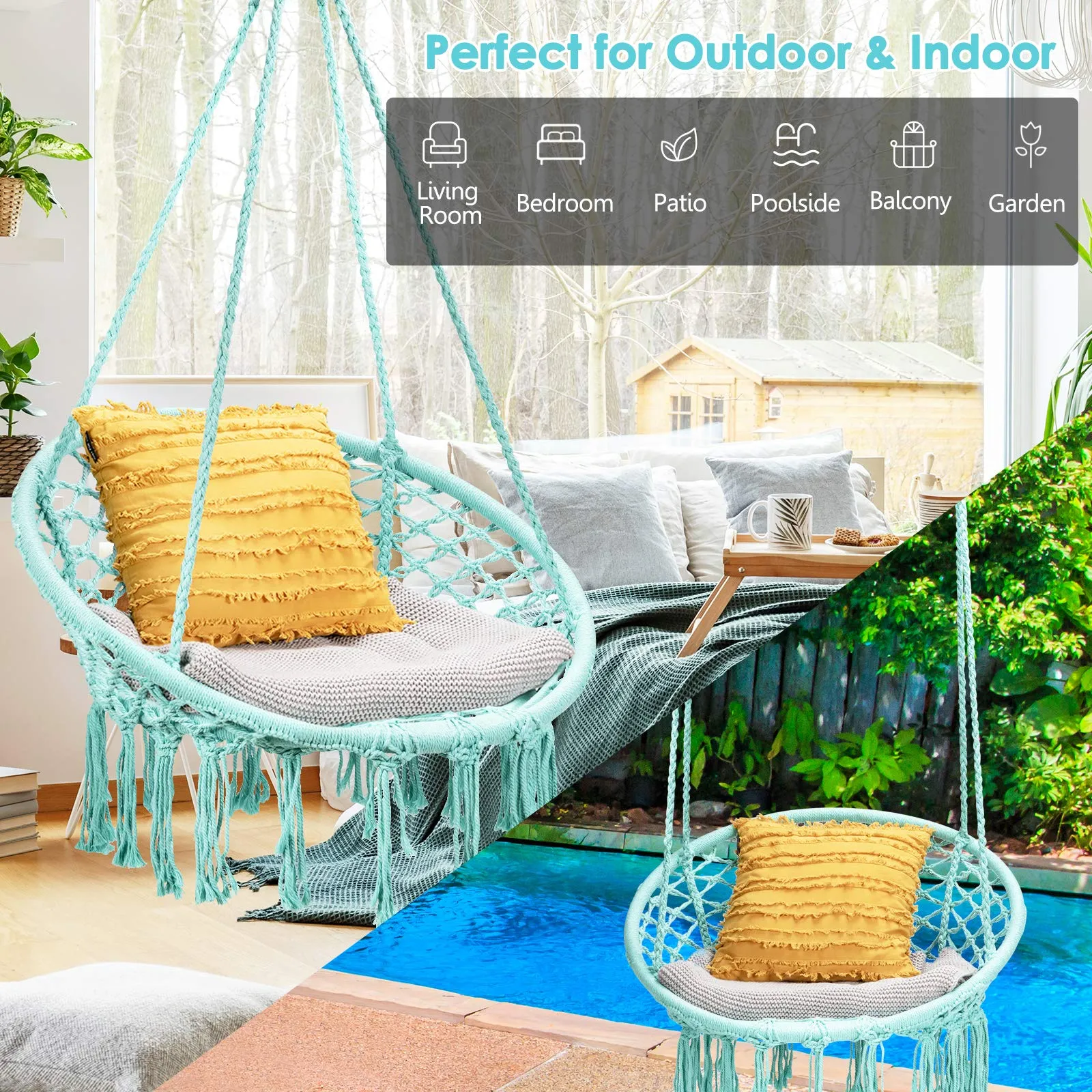 Tangkula Hanging Hammock Chair, Macrame Swing Chair with Tassels and Heavy-Duty Hanging Rings