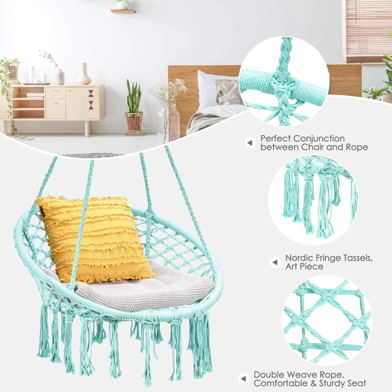 Tangkula Hanging Hammock Chair, Macrame Swing Chair with Tassels and Heavy-Duty Hanging Rings