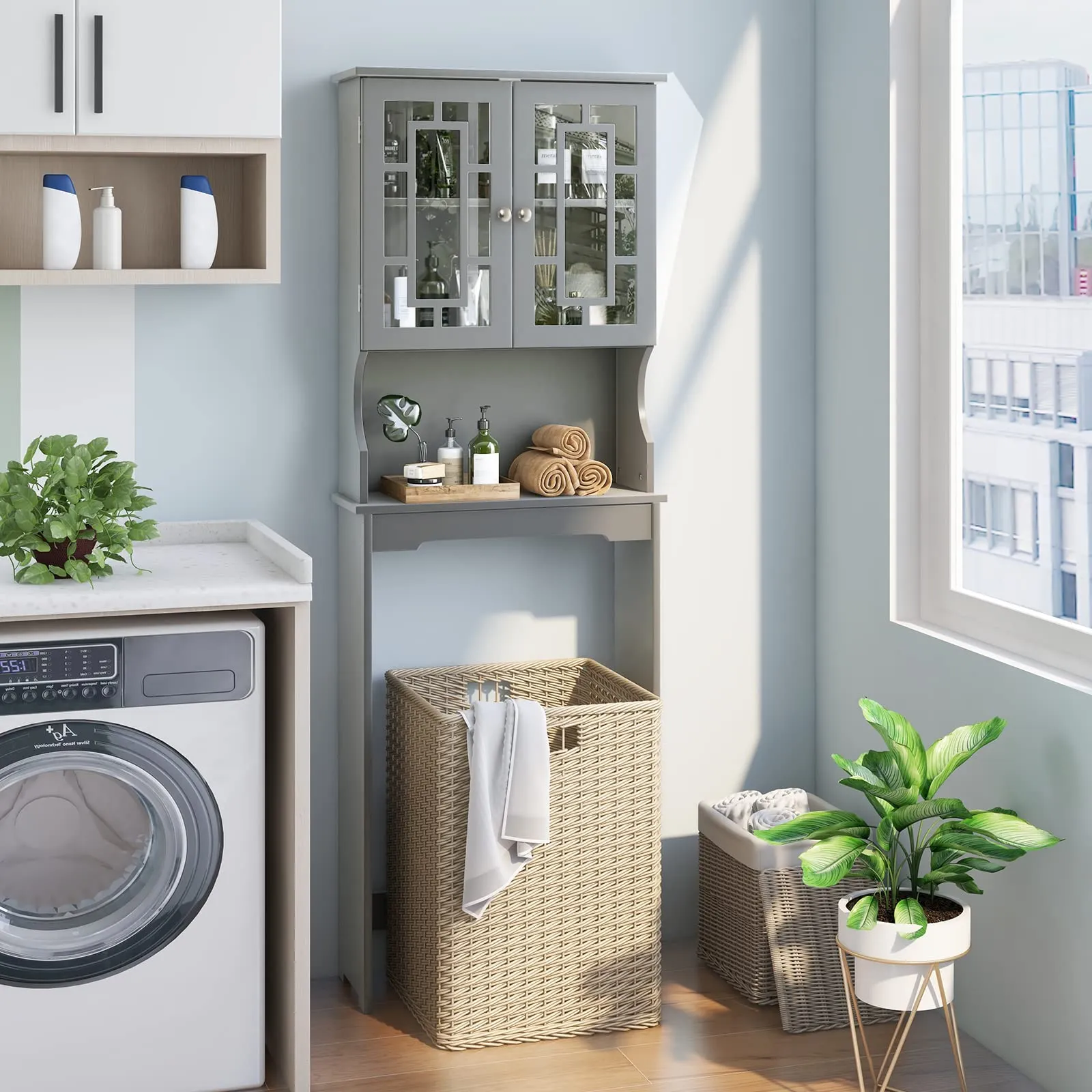 Tangkula Over The Toilet Storage Cabinet, Freestanding Over Toilet Storage Rack w/ 2 Tempered Glass Doors