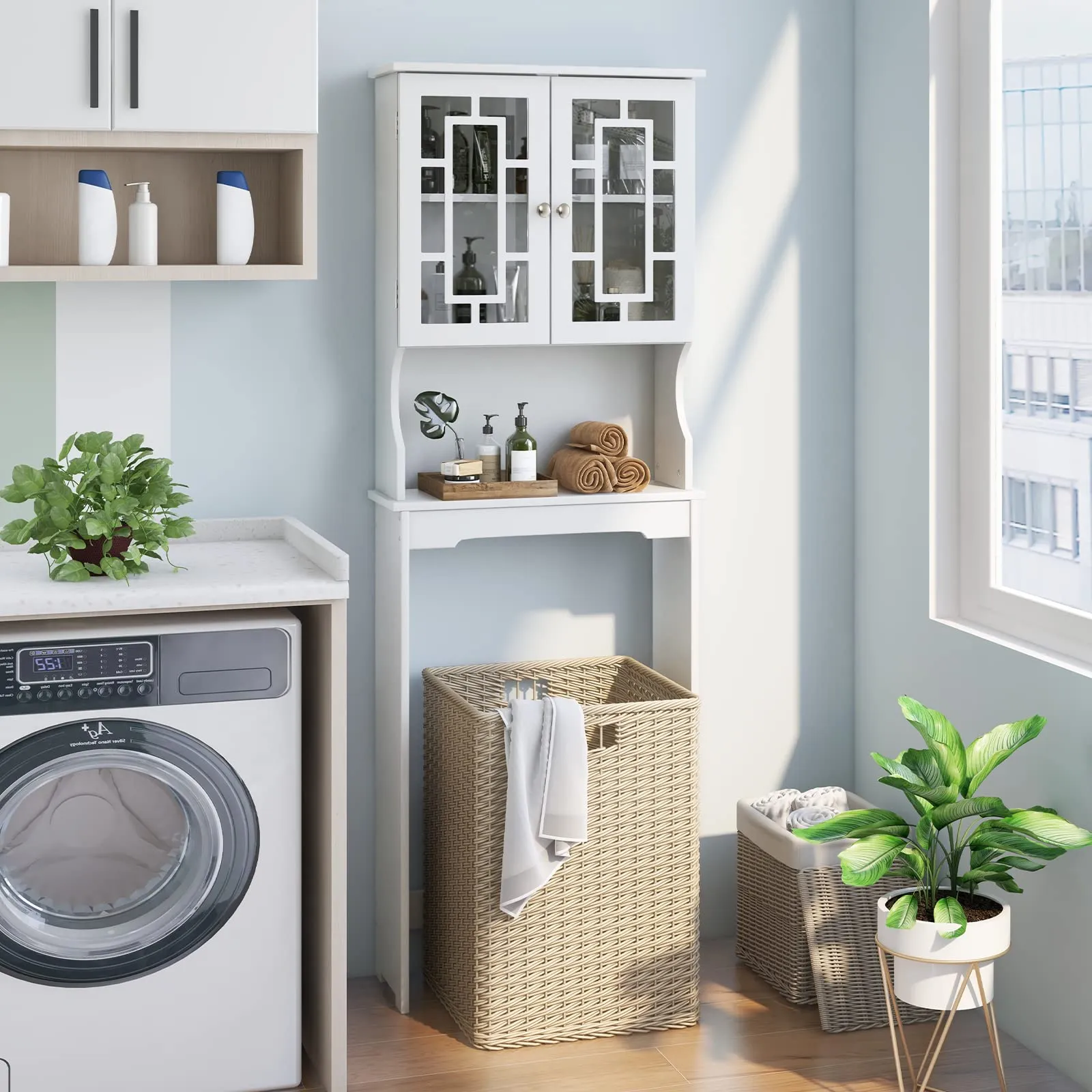 Tangkula Over The Toilet Storage Cabinet, Freestanding Over Toilet Storage Rack w/ 2 Tempered Glass Doors