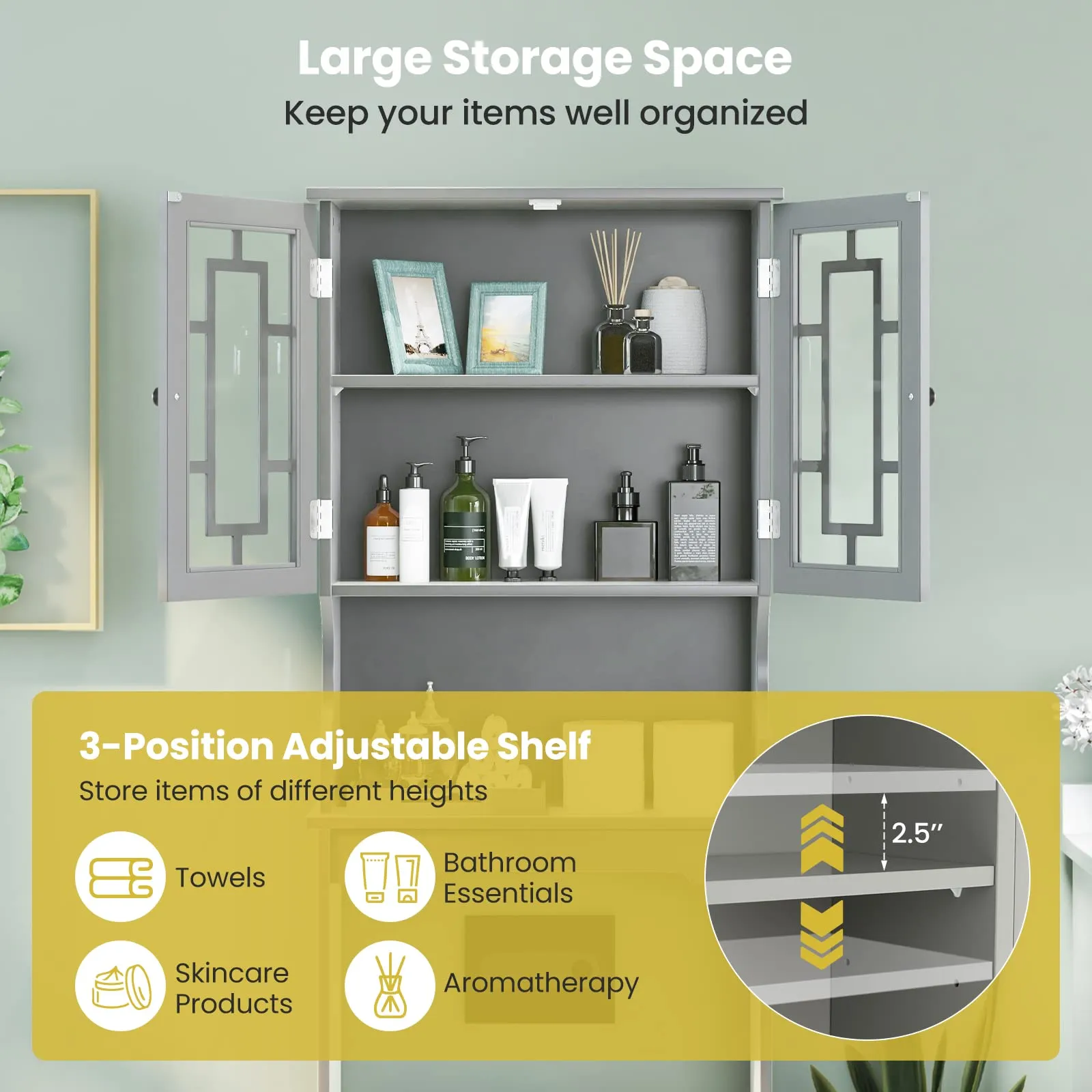 Tangkula Over The Toilet Storage Cabinet, Freestanding Over Toilet Storage Rack w/ 2 Tempered Glass Doors