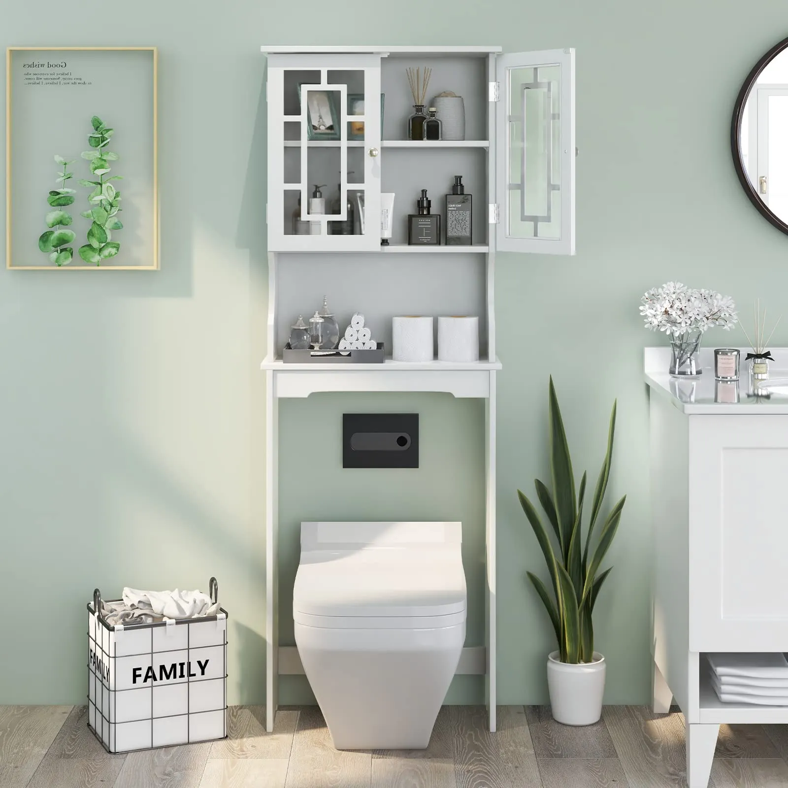 Tangkula Over The Toilet Storage Cabinet, Freestanding Over Toilet Storage Rack w/ 2 Tempered Glass Doors