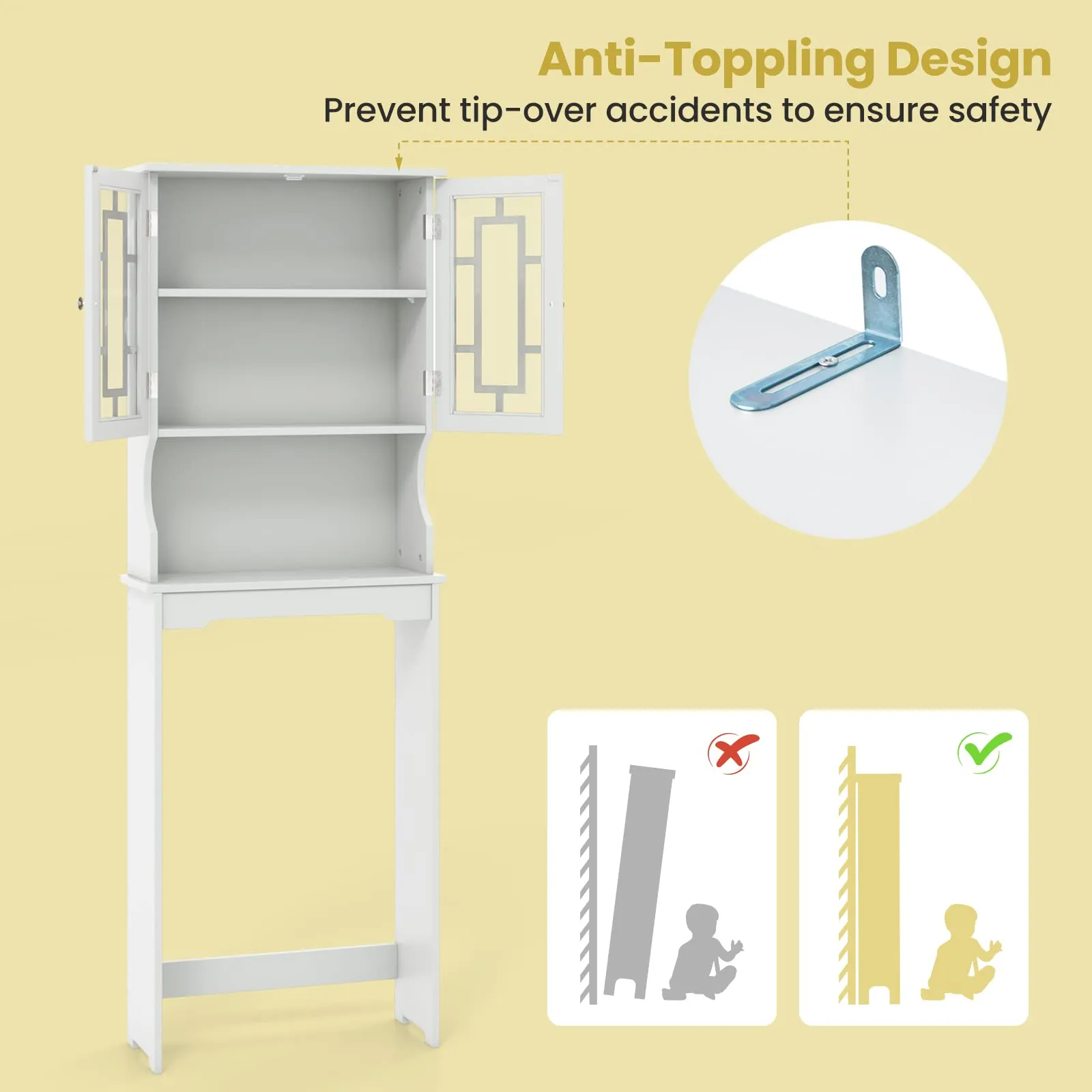 Tangkula Over The Toilet Storage Cabinet, Freestanding Over Toilet Storage Rack w/ 2 Tempered Glass Doors