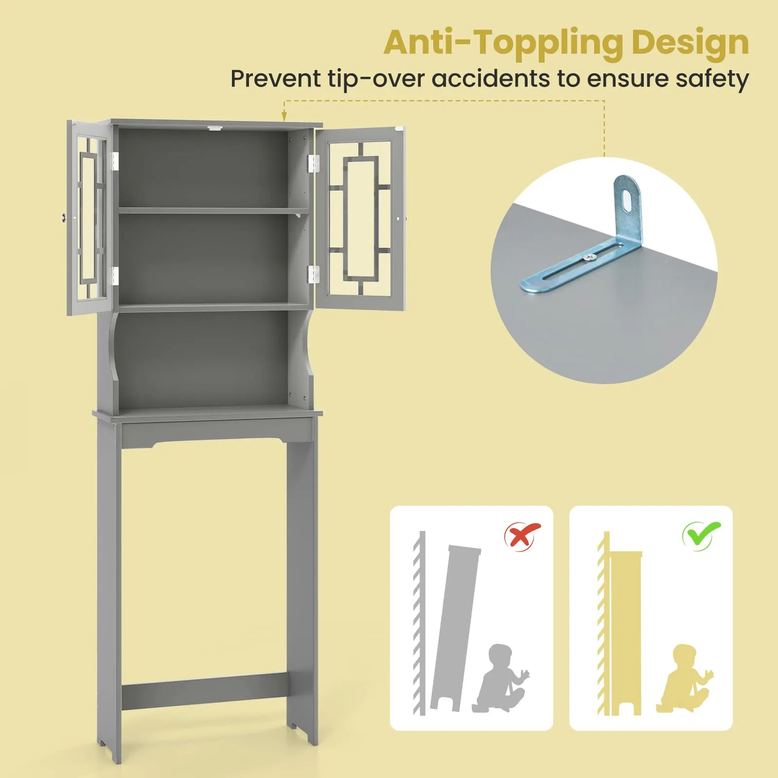 Tangkula Over The Toilet Storage Cabinet, Freestanding Over Toilet Storage Rack w/ 2 Tempered Glass Doors