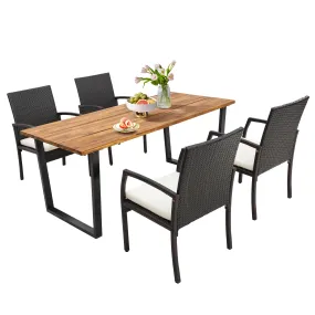 Tangkula Patio Rattan Dining Set, Acacia Wood Tabletop w/Umbrella Hole