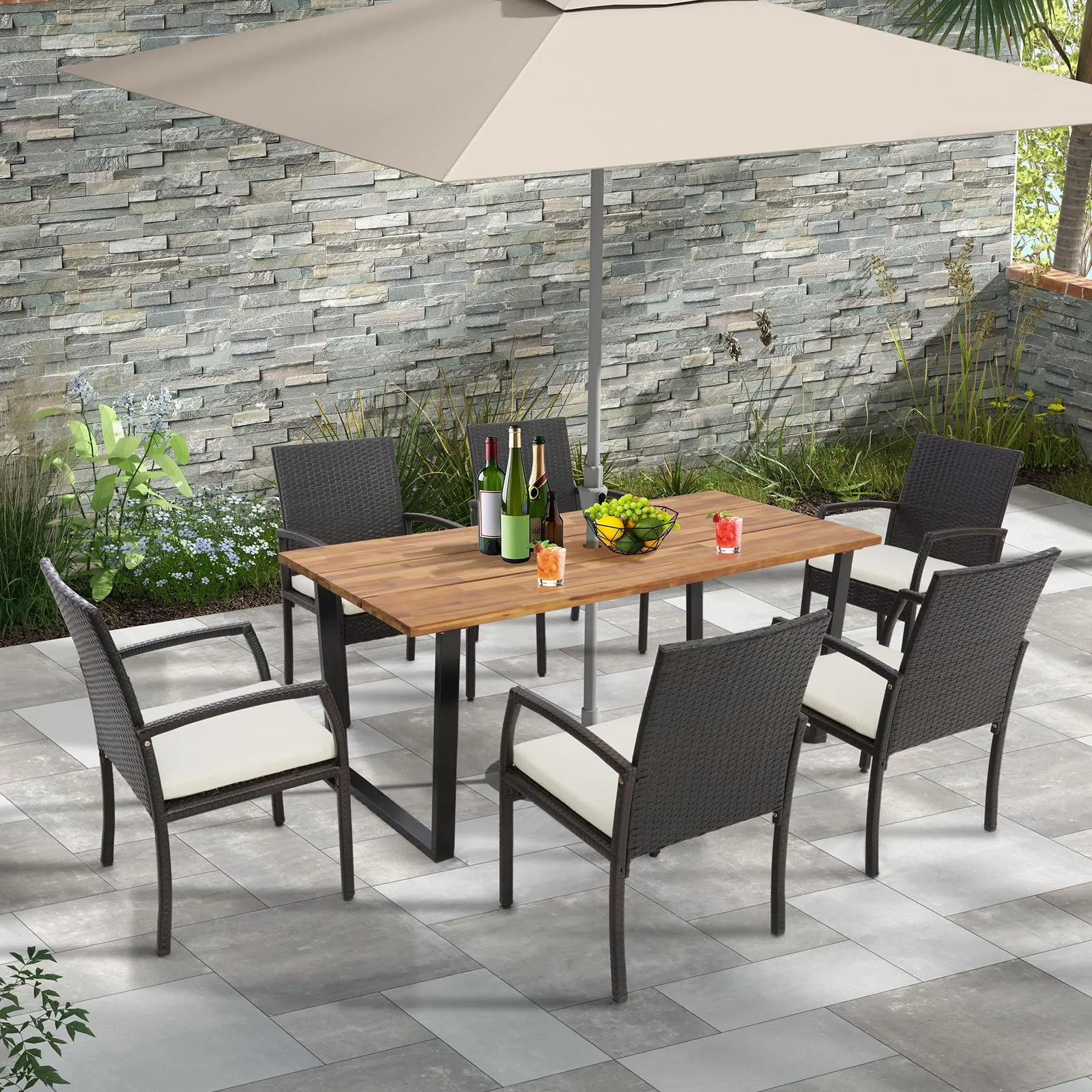 Tangkula Patio Rattan Dining Set, Acacia Wood Tabletop w/Umbrella Hole