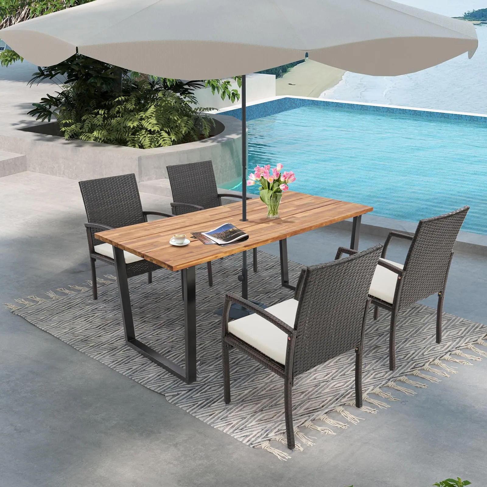 Tangkula Patio Rattan Dining Set, Acacia Wood Tabletop w/Umbrella Hole