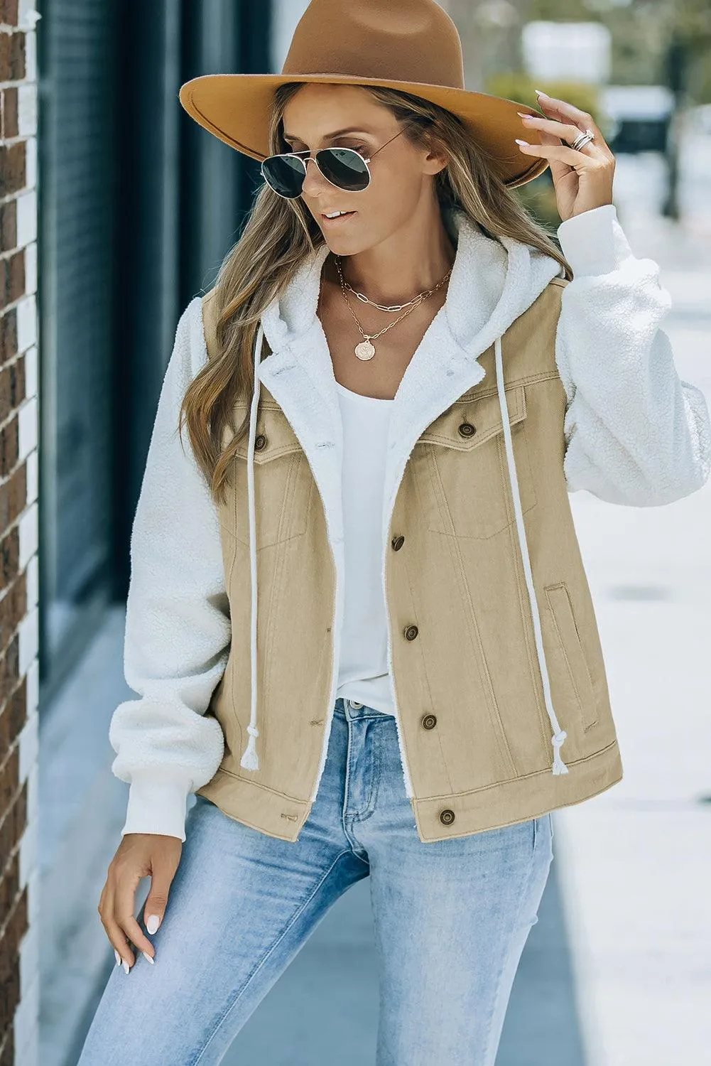 Two-Tone Spliced Denim Sherpa Hooded Jacket