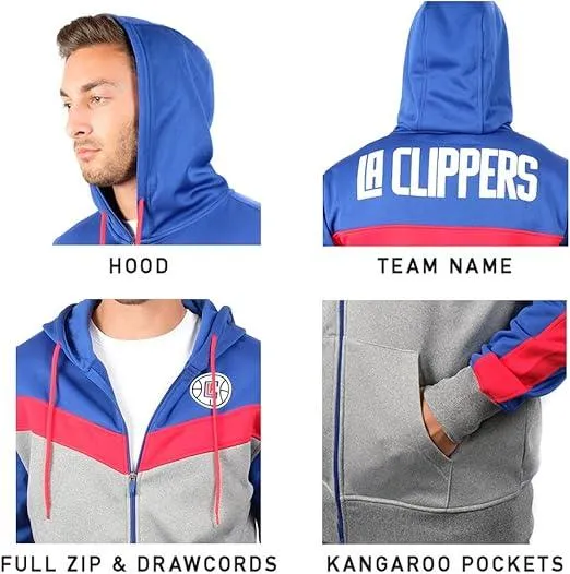 Ultra Game NBA Official Men’s Contrast Back Cut Full Zip Hoodie Sweatshirt - Unisex, Los Angeles Clippers, Team Color|Los Angeles Clippers