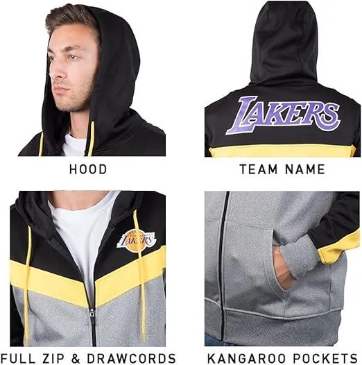 Ultra Game NBA Official Men’s Contrast Back Cut Full Zip Hoodie Sweatshirt - Unisex, Los Angeles Lakers, Team Color|Los Angeles Lakers