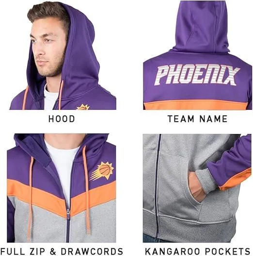 Ultra Game NBA Official Men’s Contrast Back Cut Full Zip Hoodie Sweatshirt - Unisex, Phoenix Suns, Team Color|Phoenix Suns