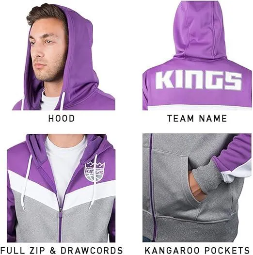 Ultra Game NBA Official Men’s Contrast Back Cut Full Zip Hoodie Sweatshirt - Unisex, Sacramento Kings, Team Color|Sacramento Kings