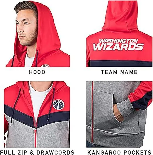 Ultra Game NBA Official Men’s Contrast Back Cut Full Zip Hoodie Sweatshirt - Unisex, Washington Wizards, Team Color|Washington Wizards