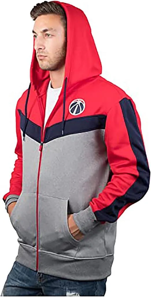 Ultra Game NBA Official Men’s Contrast Back Cut Full Zip Hoodie Sweatshirt - Unisex, Washington Wizards, Team Color|Washington Wizards