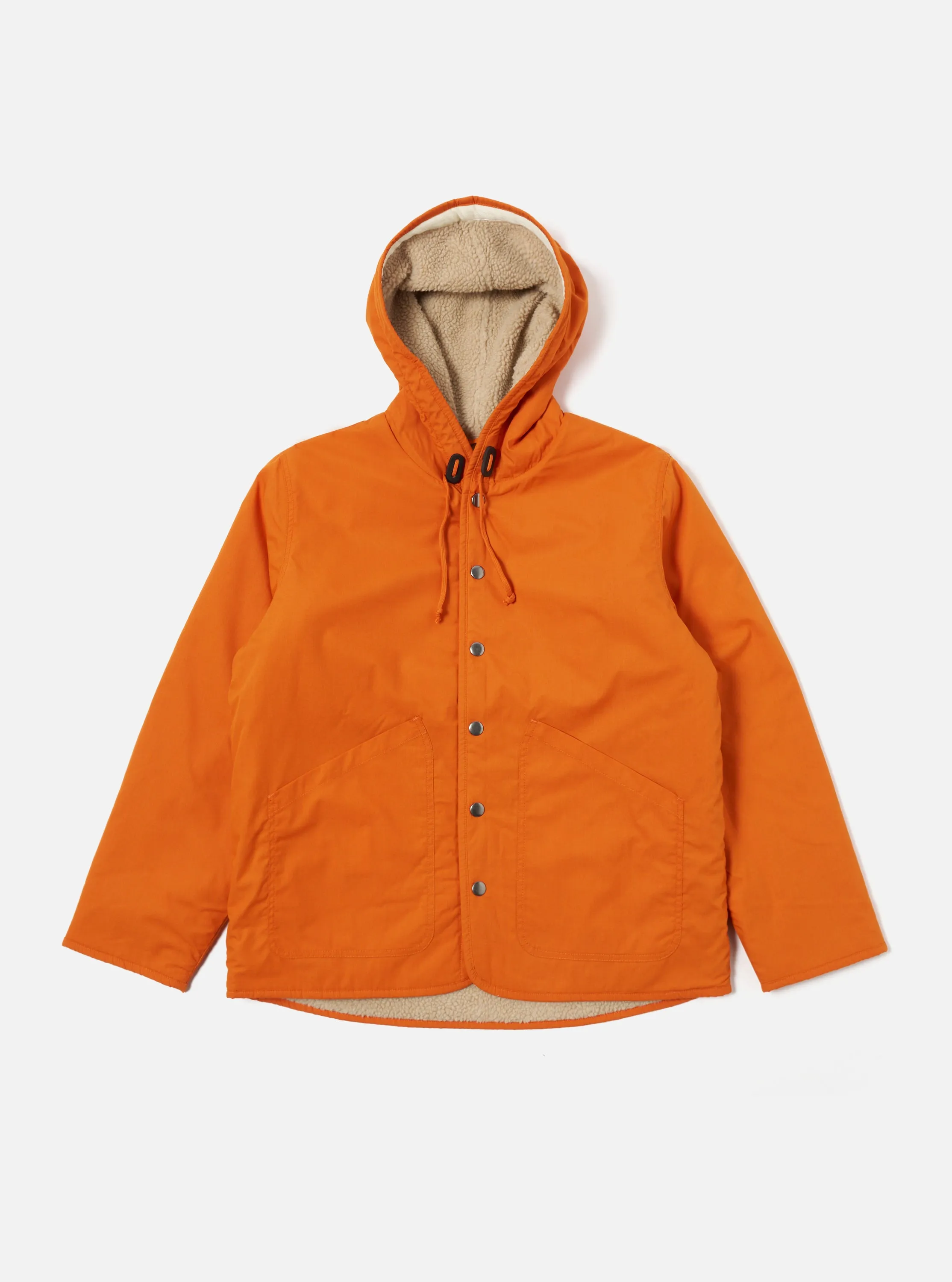 Universal Works Reversible Simple Hooded Jacket in Orange/Sand Recycled Polytech/Sherpa