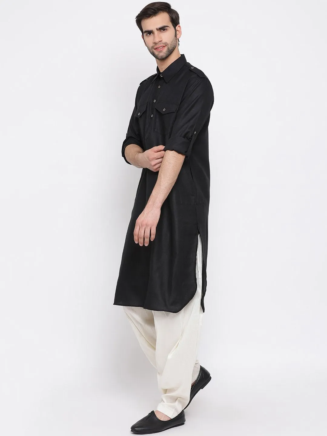 VASTRAMAY Black Cotton Pathani Suit Set