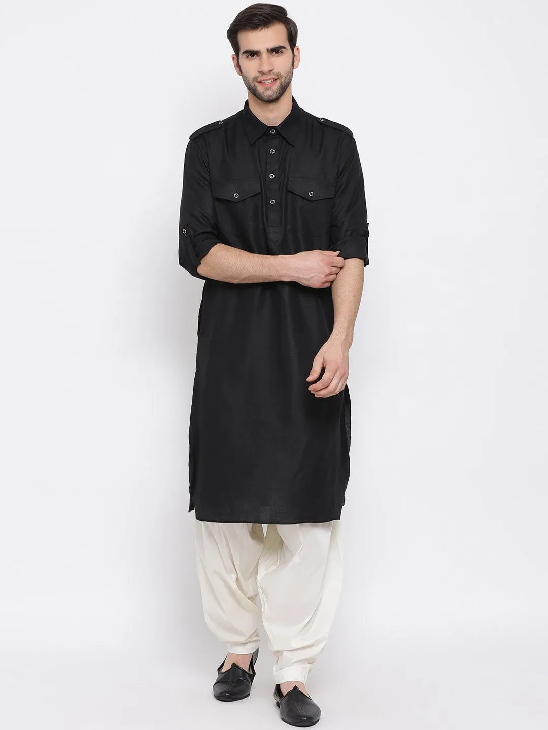 VASTRAMAY Black Cotton Pathani Suit Set