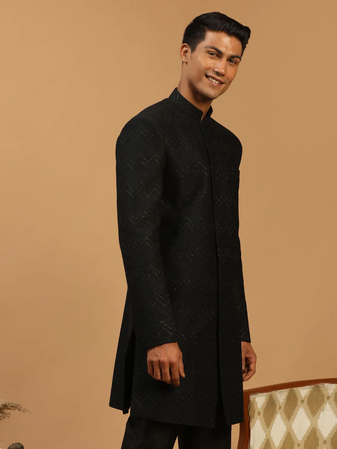 Vastramay Black Glitter Indo Western Sherwani