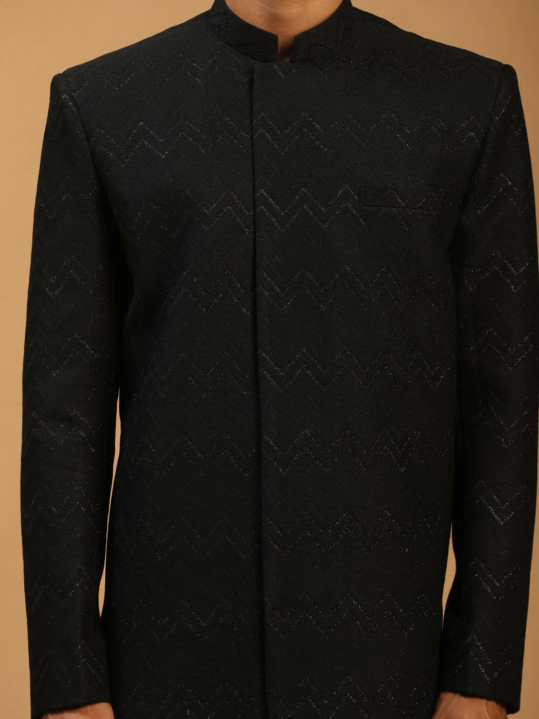 Vastramay Black Glitter Indo Western Sherwani