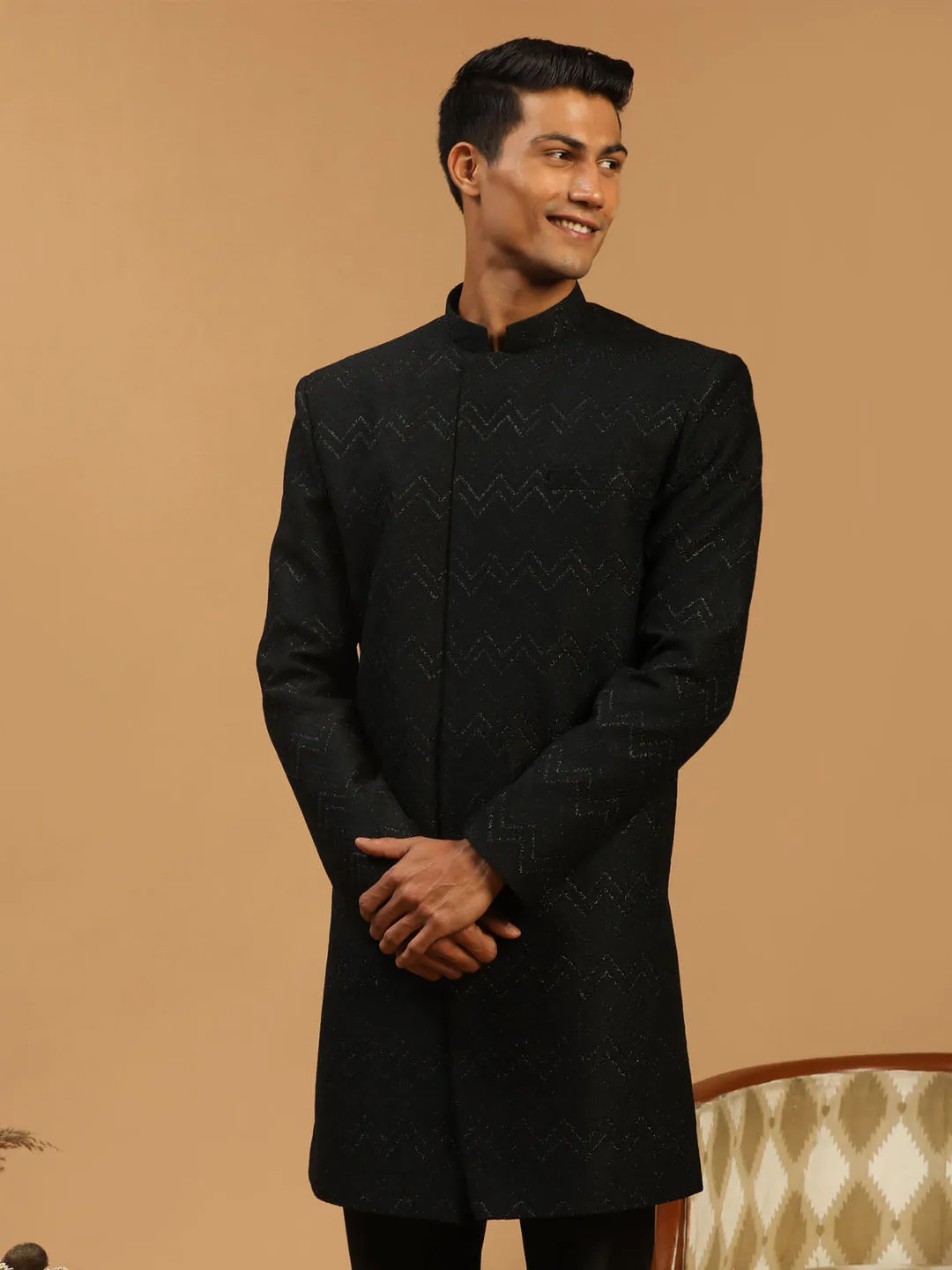 Vastramay Black Glitter Indo Western Sherwani