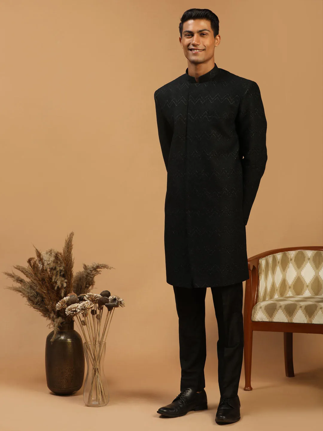 Vastramay Black Glitter Indo Western Sherwani